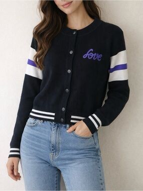Sandro black striped trim snap button varsity jacket
